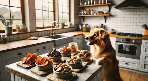 A variety of delicious, healthy dog treats showcased in an elegant presentation, highlighting natural ingredients for dogs.