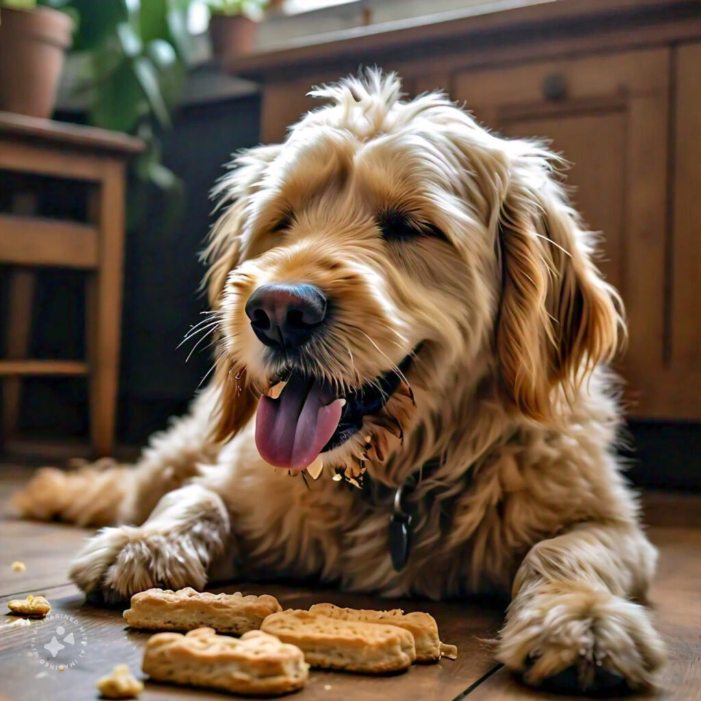 A happy dog enjoying delicious dog biscuits, showcasing a joyful snack moment.