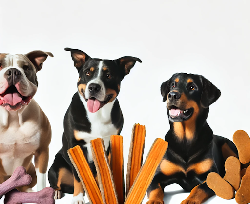 A variety of tasty, healthy dog treats featuring natural ingredients, perfect for rewarding your pet at Fetch and Feast.